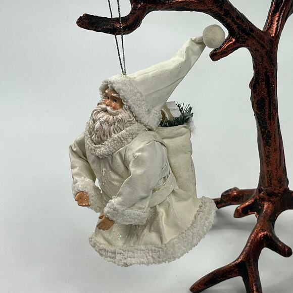White Fabric Mache Hanging Santa Ornament Rustic Christmas Doll 5.5" Cabincore - Picture 2 of 11